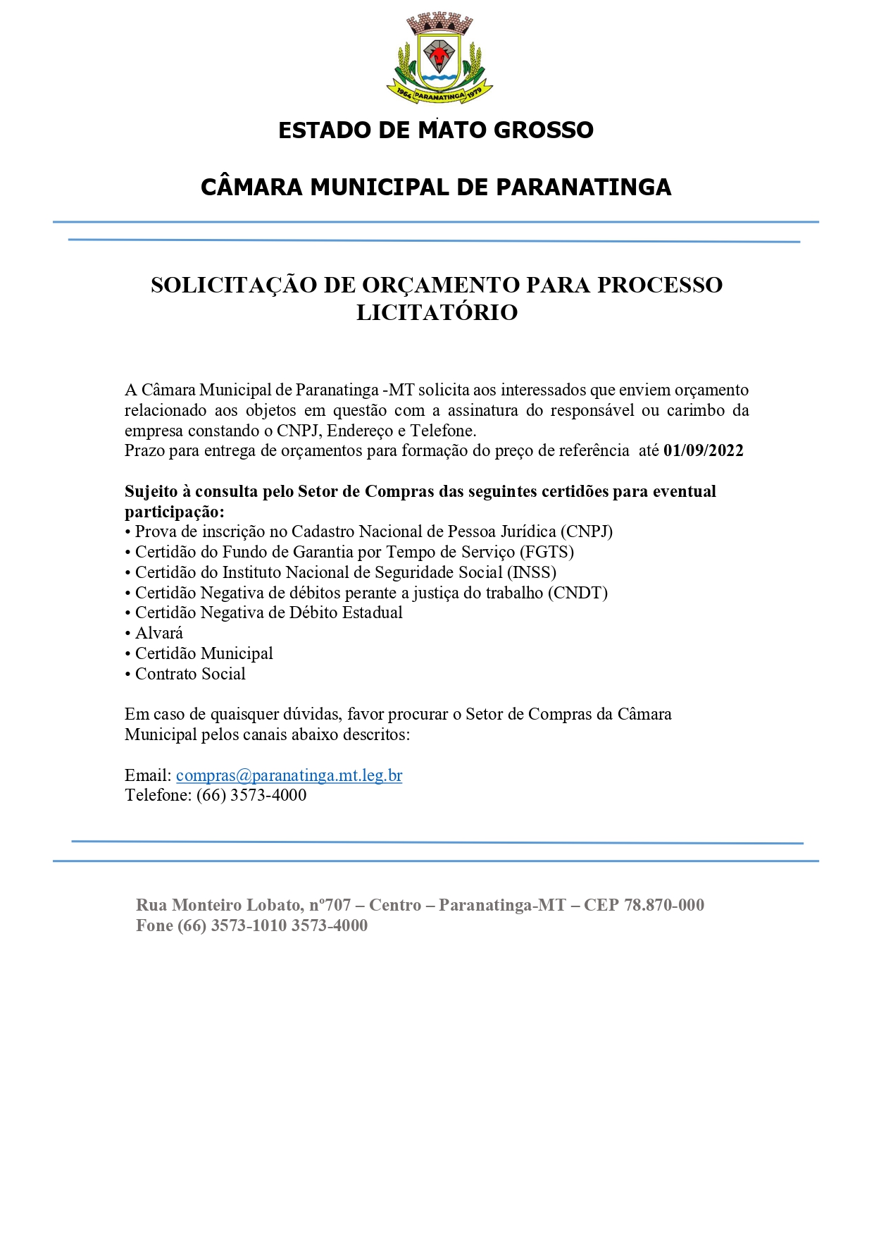 AVISO - SOLICITAÇÃO DE ORÇAMENTO PARA PROCESSO LICITATÓRIO