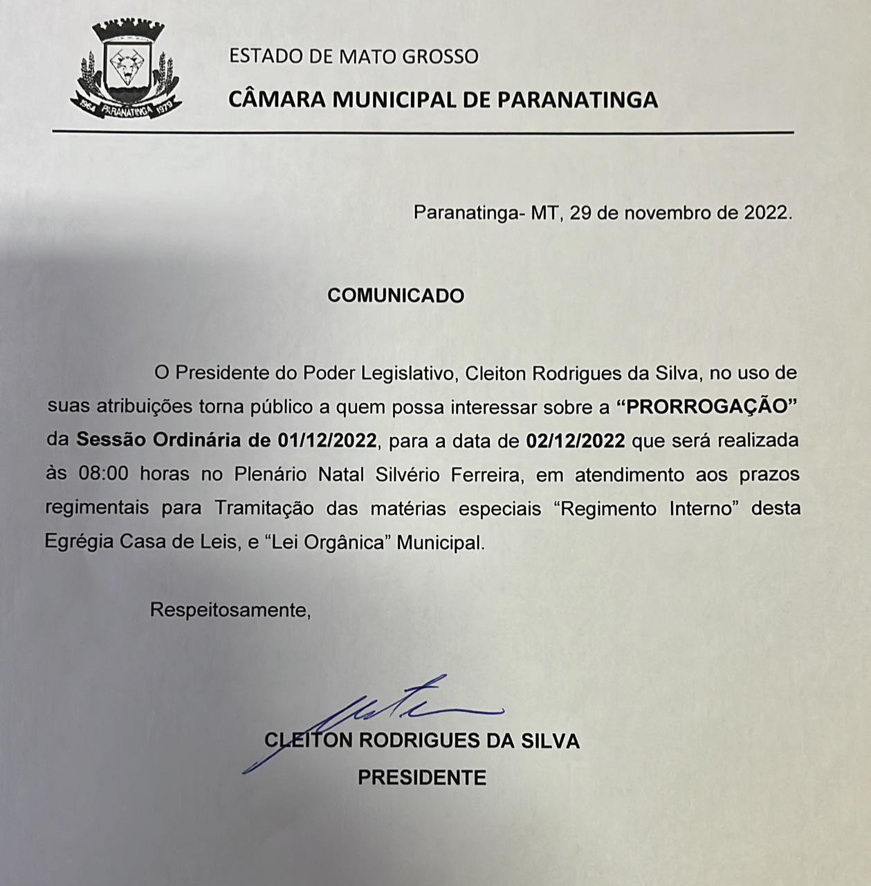 Comunicado de Prorrogação de Sessão Ordinária