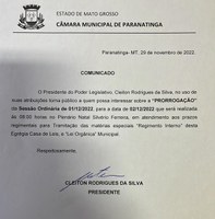 Comunicado de Prorrogação de Sessão Ordinária