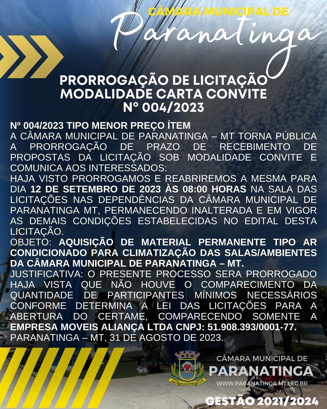 PRORROGAÇÃO DE LICITAÇÃO MODALIDADE CARTA CONVITE Nº 004/2023