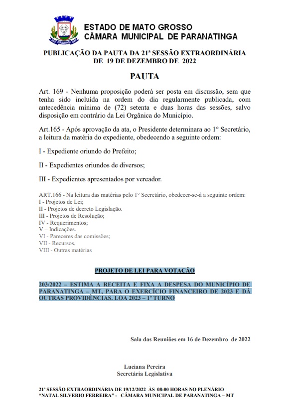 Publicação da 21ª Sessão Extraordinária de 19 de dezembro de 2022