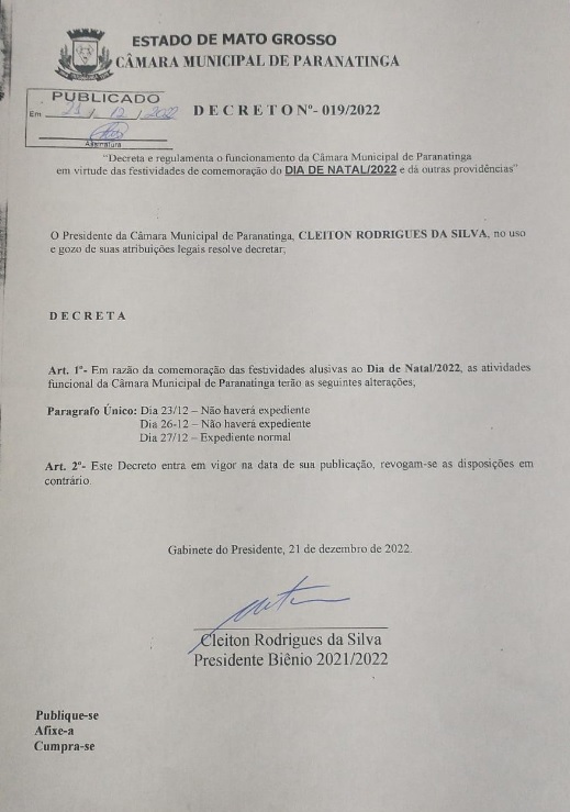 Publicação do Decreto Nº019/2022 de 21 de dezembro de 2022