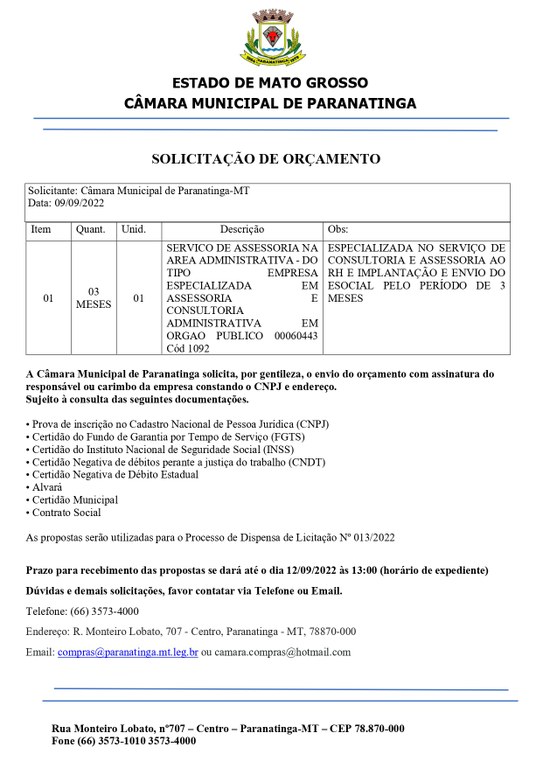 EXTRATO DE DISPENSA DE LICITAÇÃO. — Câmara Municipal de Bom Despacho